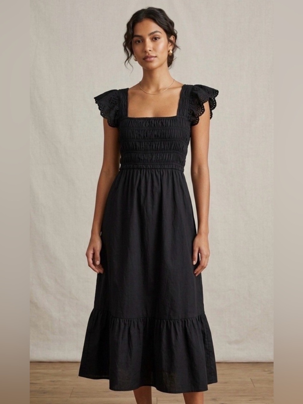 Jason Wu Tie Back Open Back Smocked Midi Summer Dress in Black Size XS‎